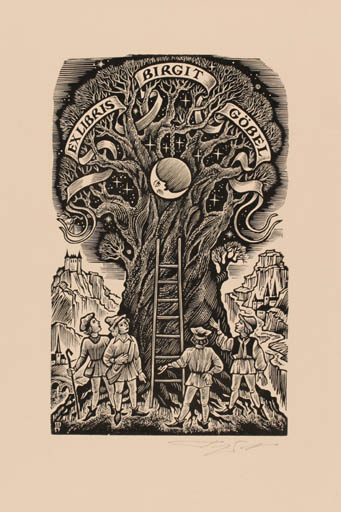 Exlibris by Denis Reutow from Russia for Birgit Göbel-Stiegler - Group Scenery/Landscape Tree 