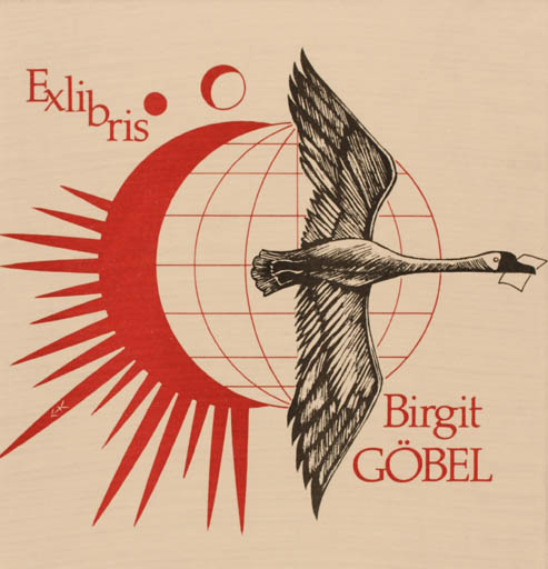 Exlibris by Jo Erich Kuhn from Sweden for Birgit Göbel-Stiegler - Bird Globe 