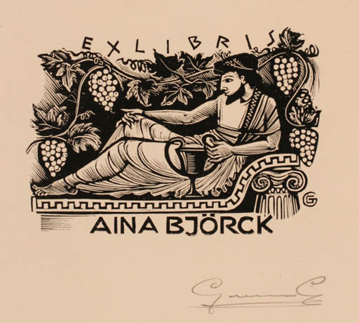 Exlibris by Gerard Gaudaen from Belgium for Aina Björk - Wine 