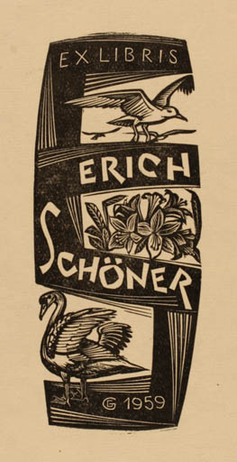 Exlibris by Gerard Gaudaen from Belgium for Erich Schöner - Bird 