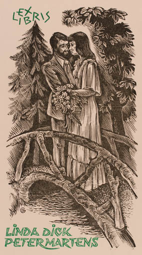 Exlibris by Gerard Gaudaen from Belgium for Peter Martens og Linda Dick - Couple Romance 