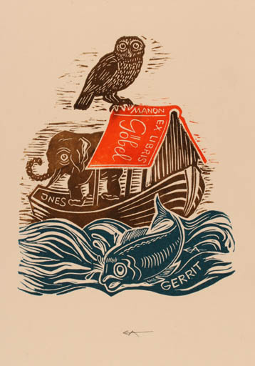 Exlibris by Erich Aulitzky from Germany for Birgit Göbel-Stiegler - Fauna Fish Ship/Boat Owl 