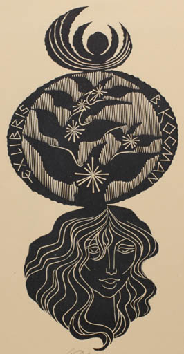 Exlibris by Ladislav Rusek from Czech Republic for B. Kocman - Bird Cosmos Woman Portrait 