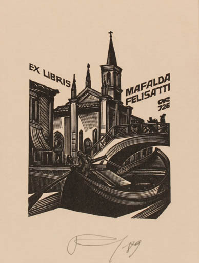 Exlibris by Anatolij Kalaschnikow from Russia for MaFalda Felisatti - City Ship/Boat 