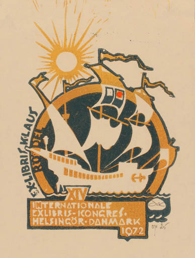 Exlibris by Anatolij Kalaschnikow from Russia for Klaus Rödel - Exlibris Congress Ship/Boat Sun 