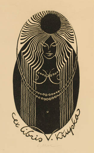 Exlibris by Ladislav Rusek from Czech Republic for Vaclav Krupka - Woman Sun 