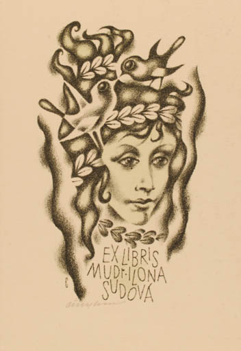 Exlibris by Vojtech Cinybulk from Czech Republic for Mudr. Ilona Sudova - Bird Woman 