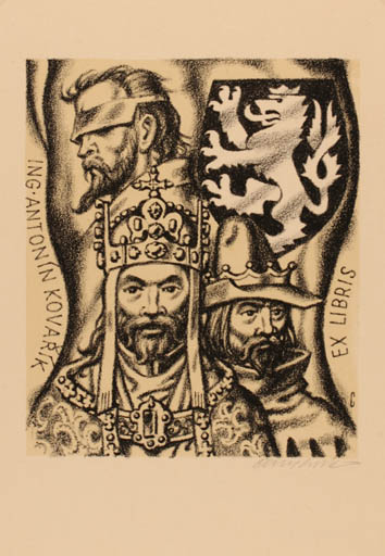 Exlibris by Vojtech Cinybulk from Czech Republic for Ing. Ant. Kovarik - Heraldry Man Portrait Regent/royalty 