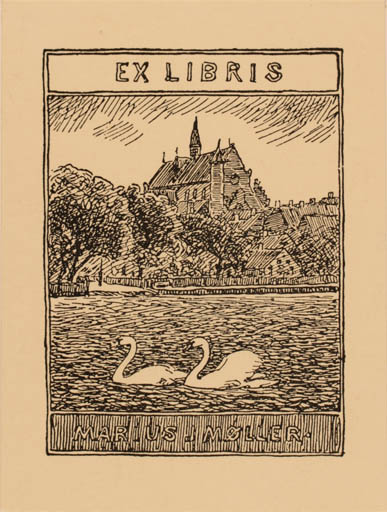 Exlibris by Johannes Larsen from Denmark for Marius Møller - Bird Scenery/Landscape 