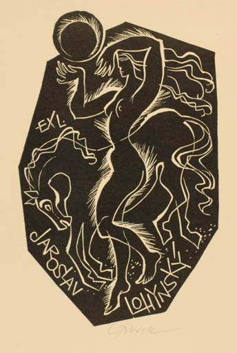 Exlibris by Ladislav Rusek from Czech Republic for Jaroslav Lohynsky - Horse Woman Sun 