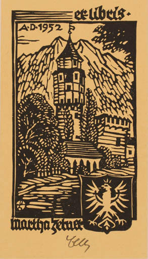 Exlibris by Otto Feil from Austria for Martha Zetner - Mountain Castle/Palace 