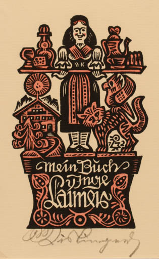 Exlibris by Max Kislinger from Austria for Invje Laimeig - Cat Woman Food 