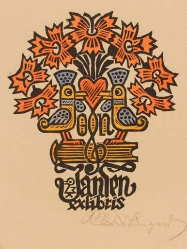 Exlibris by Max Kislinger from Austria for Gon Jansen - Flower Bird 