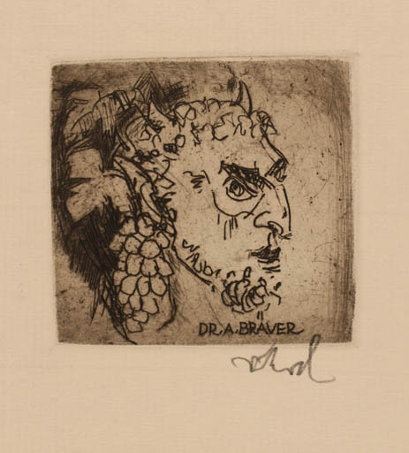 Exlibris by Rudolf Koch from Germany for Dr. Arthur Bräuer - Pan/Faun Portrait Wine 