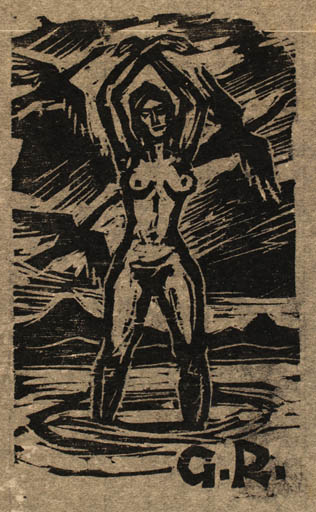 Exlibris by Rudolf Koch from Germany for G R - Bird Woman Nude 