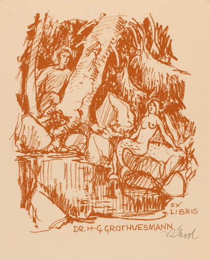 Exlibris by Rudolf Koch from Germany for Dr. H.G. Grothuesmann - Mermaid Forest 