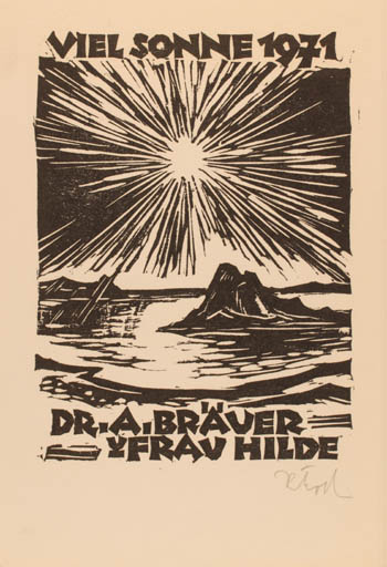 Exlibris by Rudolf Koch from Germany for Dr. Arthur, Frau Hilde Brauer - Scenery/Landscape Sun 