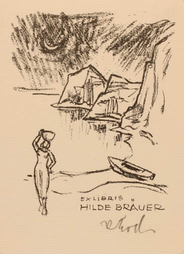 Exlibris by Rudolf Koch from Germany for Hilde Bräuer - Woman Scenery/Landscape 