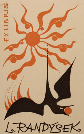 Exlibris by Ladislav Rusek from Czech Republic for Lumir Randysek - Bird Bird Phoenix Sun 