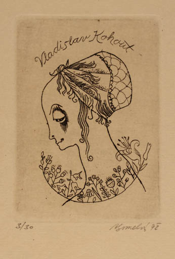 Exlibris by Anna Grmelova from Czech Republic for Vladislav Kohout - Portrait 