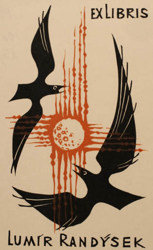 Exlibris by Ladislav Rusek from Czech Republic for Lumir Randysek - Bird Bird Phoenix Sun 