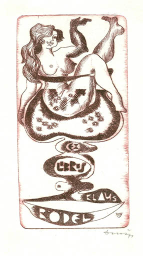 Exlibris by Jerzy Druzrycki from Poland for Klaus Rödel - Woman Nude Wine 