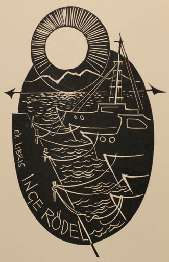 Exlibris by Ladislav Rusek from Czech Republic for Inge Rödel - Maritime Ship/Boat Sun 