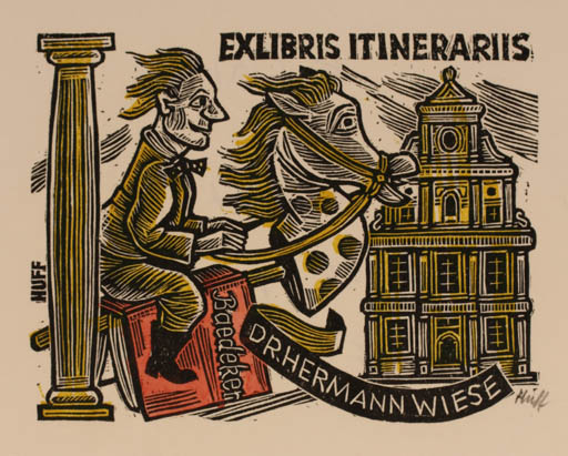 Exlibris by Hermann Huffert from Germany for Dr. Hermann Wiese - Architecture Horse Man 