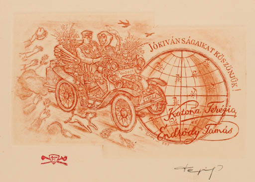 Exlibris by Istvan Tempinszky from Hungary for Katona - Tamas, Endrödy Teresia - Car Globe 