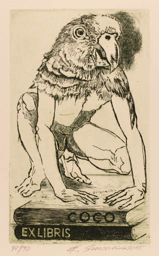 Exlibris by Erich Smodics from Austria for ? COCO - Bird 
