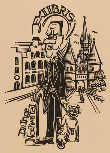 Exlibris by Utz Benkel from Germany for Dr. Inge Nechwatal - City Cat Man 