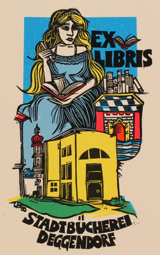 Exlibris by Utz Benkel from Germany for Deggendorf Stadtbücherei - Architecture Woman 