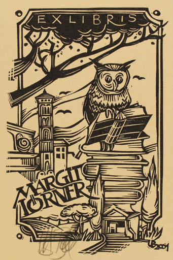 Exlibris by Utz Benkel from Germany for Margit Törner - Book City Bird Owl 