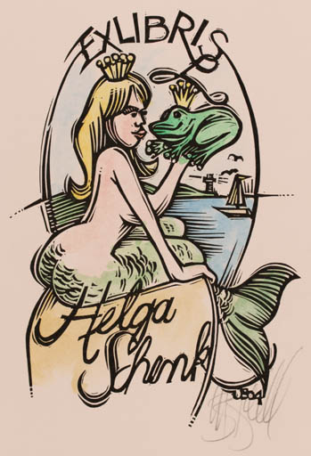 Exlibris by Utz Benkel from Germany for Helga Schenk - Mermaid 