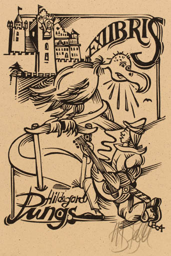 Exlibris by Utz Benkel from Germany for Hildegard Pungs - Castle/Palace Bird Music 