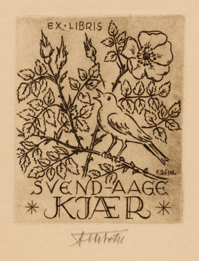 Exlibris by Fritz Bötel from Germany for Svend Aage Kjær - Flora Bird 