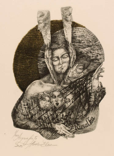 Exlibris by Elena Hlodec from Romania for Rinda Vandromme - Music Surrealism 