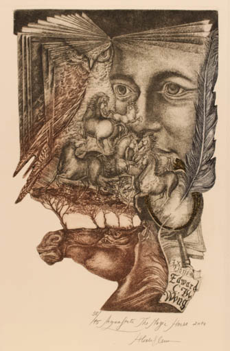 Exlibris by Elena Hlodec from Romania for Edward Wong - Horse Surrealism Owl 