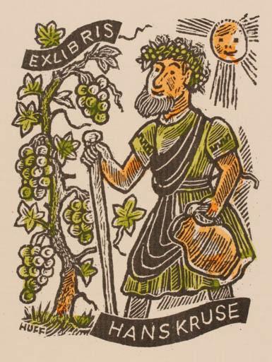 Exlibris by Hermann Huffert from Germany for Hans Kruse - Man Sun Wine 