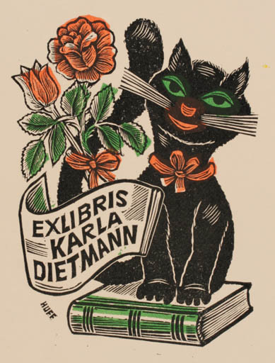 Exlibris by Hermann Huffert from Germany for Karla Dietmann - Flower Book Cat 