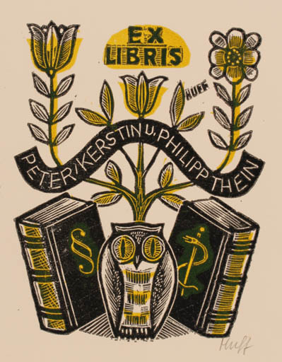 Exlibris by Hermann Huffert from Germany for Peter, Kerstin & Philipp Thein - Flower Book Owl 