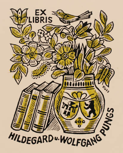 Exlibris by Hermann Huffert from Germany for Hildegard & Wolfgang Pungs - Flower Book Bird 