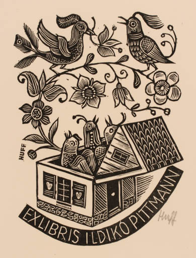 Exlibris by Hermann Huffert from Germany for Ildikó Pittmann - Flower Bird 