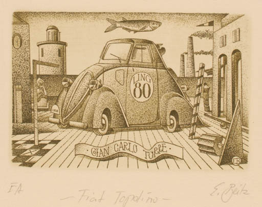 Exlibris by Erhard Beitz from Germany for Gian Carlo Torre - Car Surrealism 