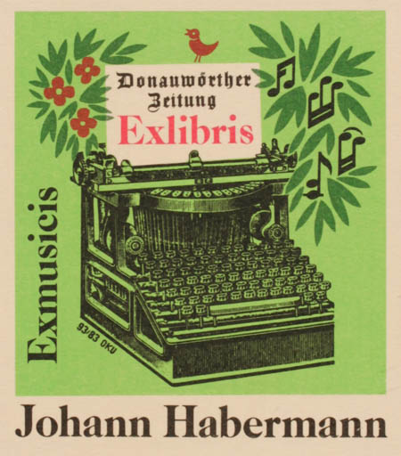 Exlibris by Otto Kuchenbauer from Germany for Johann Habermann - Ex Mucika Music 