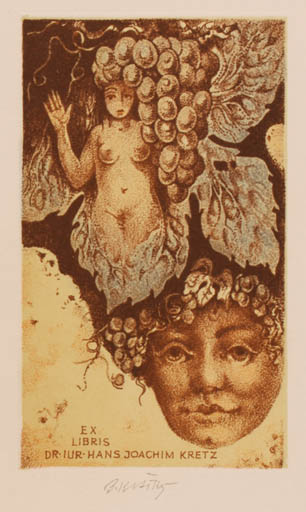 Exlibris by Bohumil Kratky from Czech Republic for ? ? - Woman Wine 