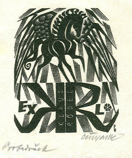 Exlibris by Vojtech Cinybulk from Czechoslovakia for Klaus Rödel - Literature Pegasus 