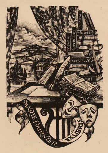 Exlibris by Leslie Benenson from Great Britain for Marie Fournier - Book Scenery/Landscape Theater/Cirkus 