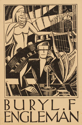 Exlibris by H David from Great Britain for Buryl F Engleman - Woman Man 
