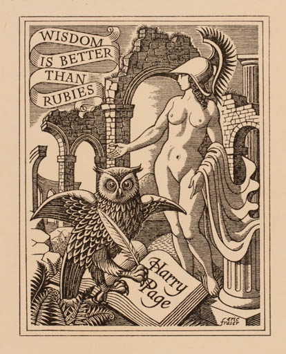 Exlibris by Eric Frazer from Great Britain for Sir Harry Page - Classical antiquity Mythology Owl Science 